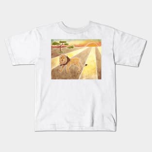 Majestic Lion in the Savannah, Batik silk painting style Kids T-Shirt